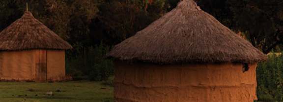 Two thatched structures stand side by side in a green field.