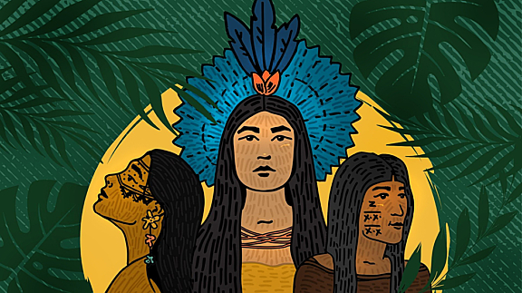 The illustration portrays three Indigenous women from the Amazon rainforest