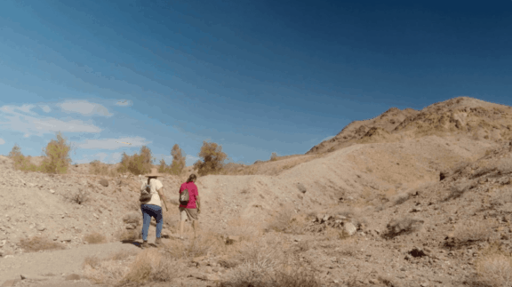 Two people walk in the desert at a distance.