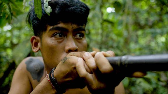 An Indigenous man in a lush forest aiming a traditional blowgun.