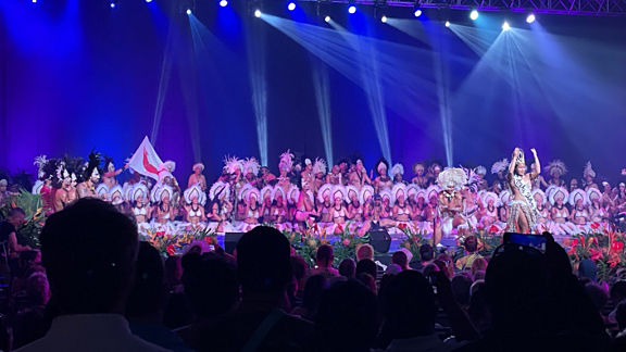 The Rapa Nui delegation performs on the main stage in front of a packed audience at the 2024 Festival of the Pacific in Honolulu, Hawai'i. Photo by Hill Ossip / Nia Tero.
