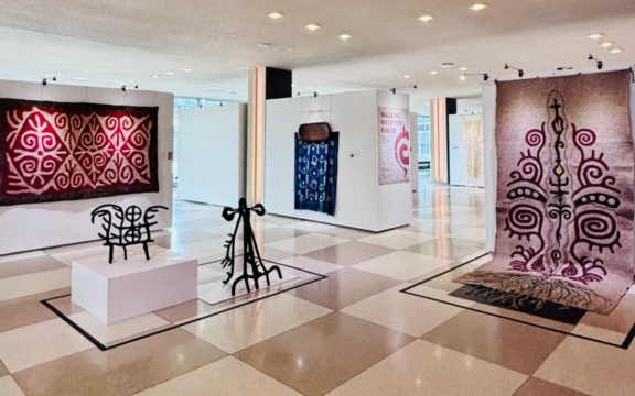 A wide shot of various pieces of the "Walking the Earth" exhibit include multicolored textiles made of horsehair and other materials alongside metal sculptures.