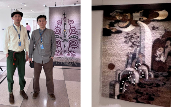 Two photos. At left: Mirrakhim Toktogulov of Kyrgyzstan and Origins Director Aibek Bayimbetov stand alongside the "Walking the Earth" exhibit. At right: A brown, black and white horsehair tapestry