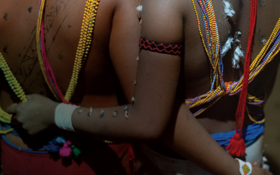 A close-up detail of Indigenous body paint and traditional adornments on a person's arm.