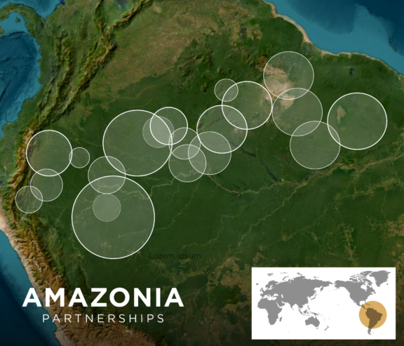Satellite map of the Amazon rainforest region highlighted with multiple white translucent circles, featuring an overlay graphic of the Nia Tero logo.