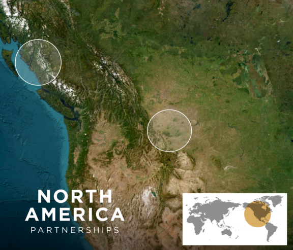 Satellite map of North America with a few white translucent circles, featuring an overlay graphic of the Nia Tero logo.