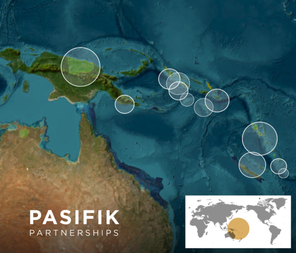 Satellite map of the Pacific Ocean and surrounding landmasses highlighted with multiple white translucent circles, featuring an overlay graphic of the Nia Tero logo.