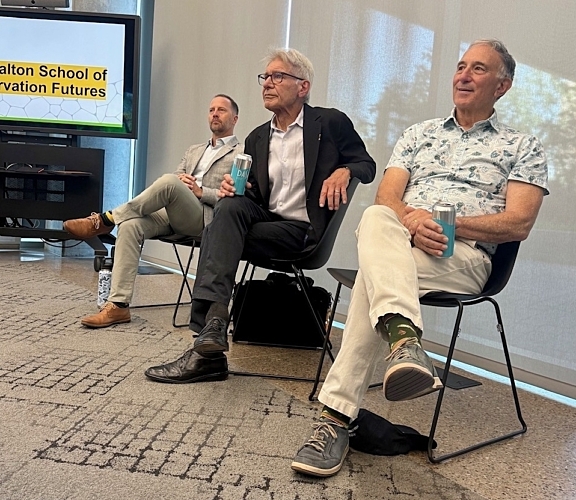 ASU's Jack Kittinger, Nia Tero founder Peter Seligmann and actor, activist Harrison Ford at ASU's 2026 Spring Commencement.